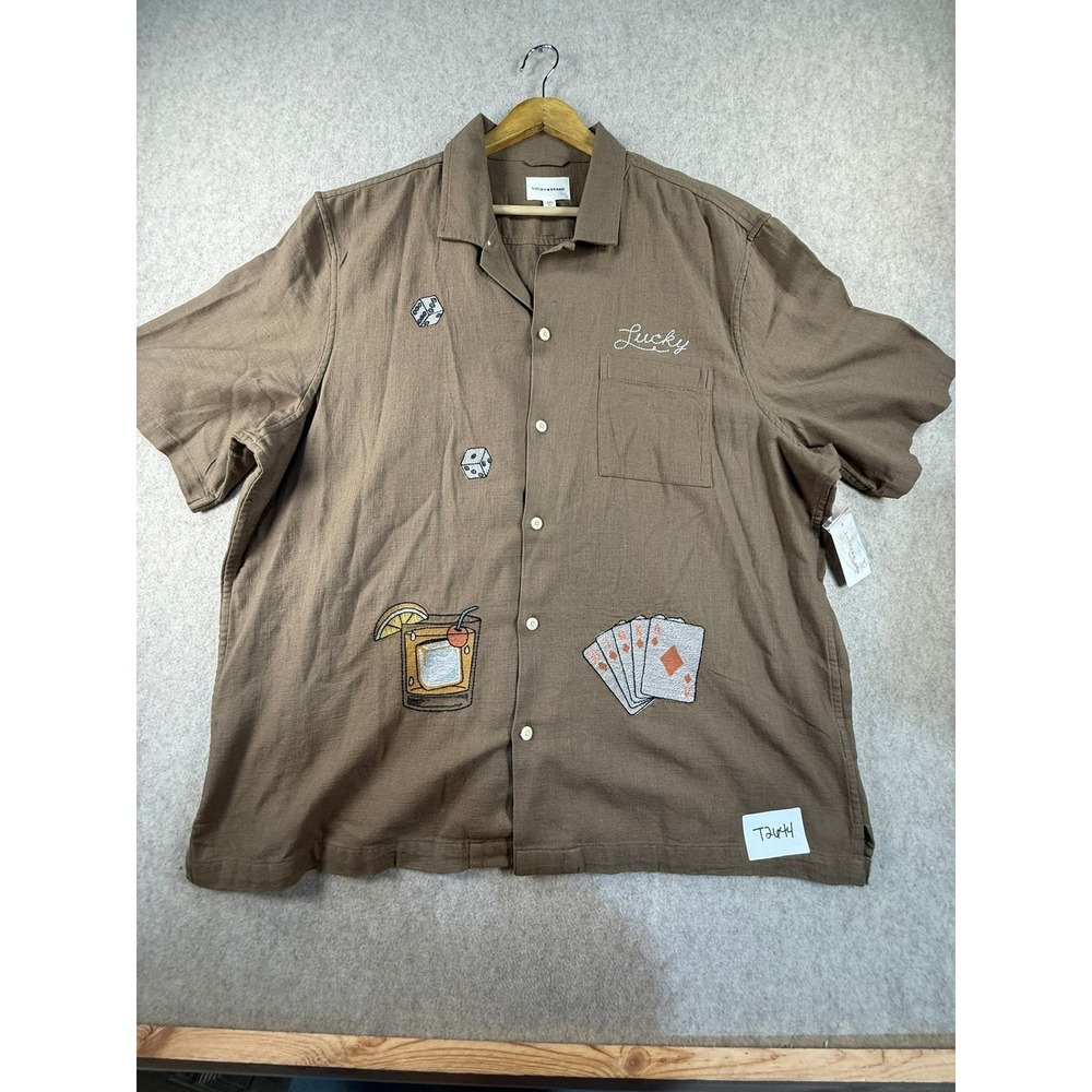 NWT Lucky Brand Mens Brown Embroidered Casino Gambling Short Sleeve Shirt XXL